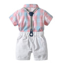 Summer Baby Boy Clothes Suits Gentleman Boy Short-Sleeve Plaid shirt +Overalls Shorts With Tie cotton Wedding Boys Clothes Set
