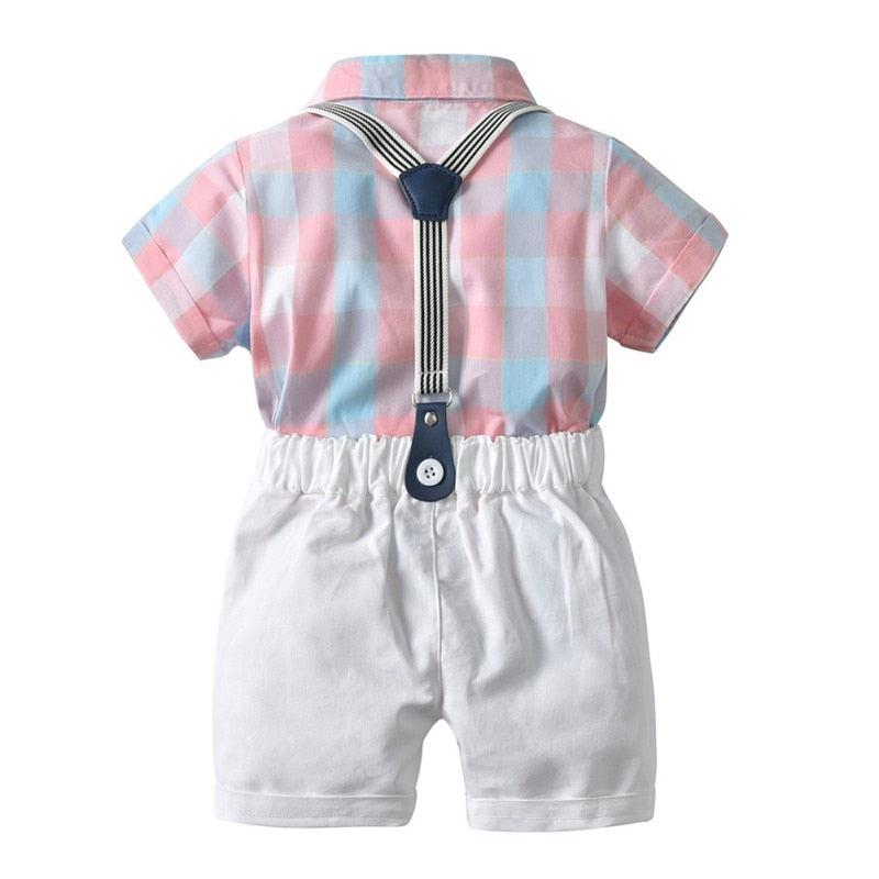 Summer Baby Boy Clothes Suits Gentleman Boy Short-Sleeve Plaid shirt +Overalls Shorts With Tie cotton Wedding Boys Clothes Set