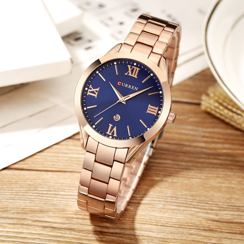 Reloj CURREN para Mujer, relojes de pulsera de cuarzo de marca superior para Mujer, Reloj de pulsera de acero inoxidable para Mujer, Reloj de regalo para Mujer, oro rosa
