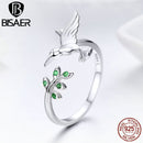 925 Sterling Silver Flying Bird Tree Leaves Hummingbirds Adjustable Finger Ring For Women Fashion Engagement Ring Jewelry ECR323