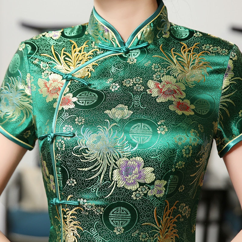 2021 New High Fashion Grün Rayon Cheongsam Chinesische Klassische Frauen Qipao Elegant Kurzarm Neuheit Langes Kleid S-3XL C0136-D