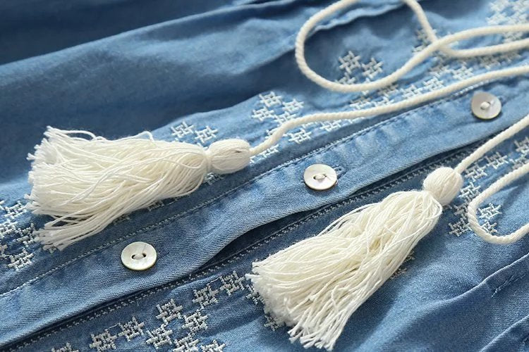 Ethnic Embroidery Denim Dresses Women Wrist Sleeve O-Neck Casual Shirt Dress Spring 2021 Plus Size Vestido Jeans Feminino