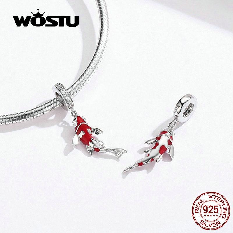 WOSTU Lucky Carp Dangle Charm 925 Sterling Silver Red Enamel CZ Beads Fit Original Bracelet Pendant Silver 925 Jewelry CTC085