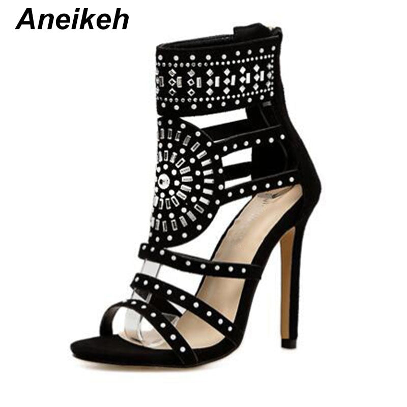 Sandalias de tacón alto con diseño de diamantes de imitación y punta abierta a la moda para mujer