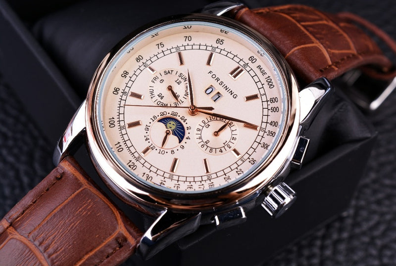 Forsining Moon Phase Shanghai Movement Rose Gold Case Brown Genuine Leather Strap Mens Watches Top Brand Luxury Auotmatic Watch