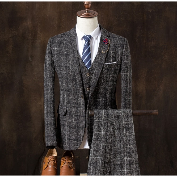 (Jacket + vest + pants) 2019 men&#39;s slim suit, high-end business plaid suit jacket, men&#39;s wedding banquet dress three-piece