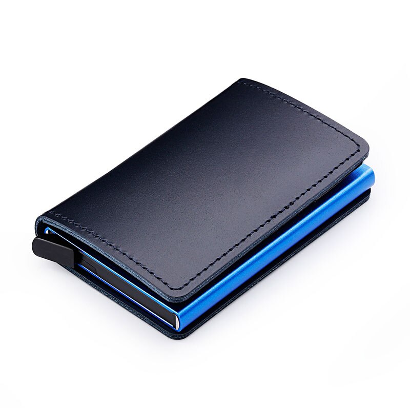 RFID Protected 100% Genuine Leather Card Holder Men Aluminum Metal Business Slim ID Credit Cardholder Mini Wallet（send 12）