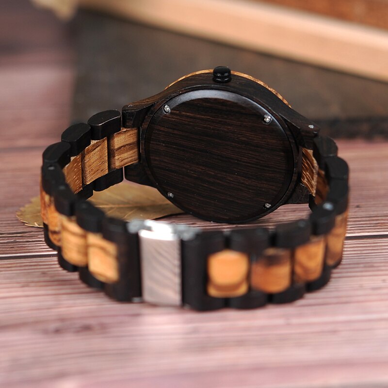 BOBO BIRD D30-1 Two-tone Zebra Wood & Ebony Wooden Watches Luminous Hands Quartz Wristwatch for Men in wooden Gift Box