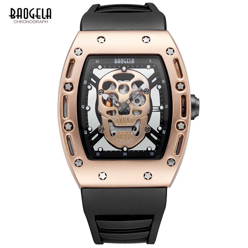 Baogela Moda Hombre Esqueleto Calavera Relojes de cuarzo luminosos Estilo militar Negro Silicona Rectángulo Dial Reloj de pulsera para Man1612