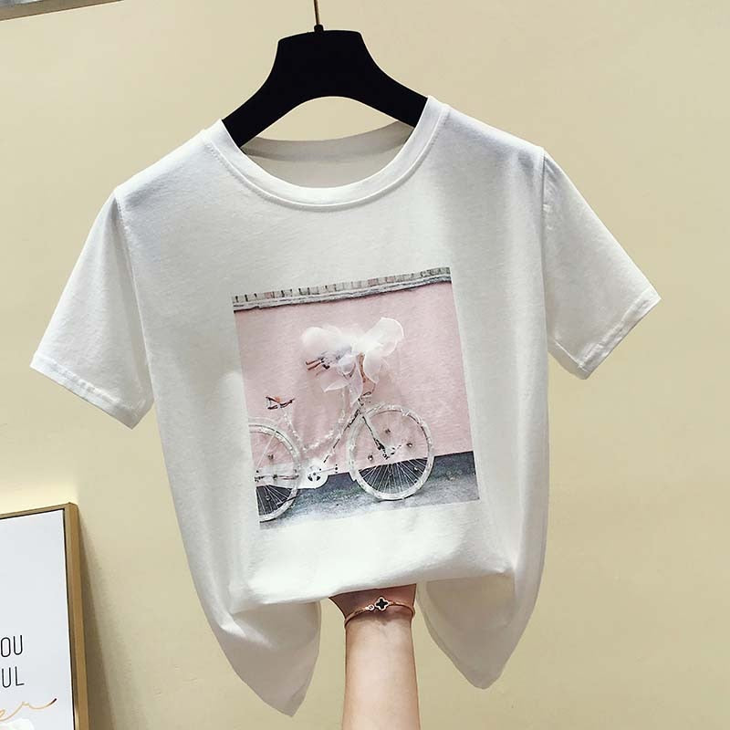 gkfnmt 2021 Fashion Cool Print Female Summer T-shirt White Cotton Women Tshirts Casual Harajuku T Shirt Femme Pink Loose Top