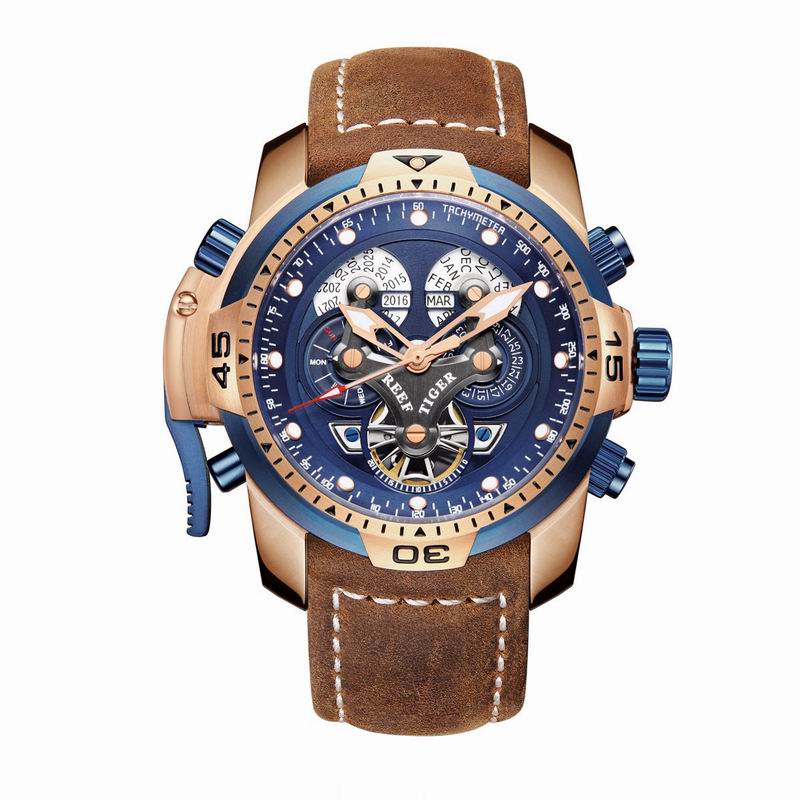 Reloj deportivo Reef Tiger/RT con calendario perpetuo Fecha Día Caja de acero Correa de cuero negro Relojes mecánicos para hombres RGA3503