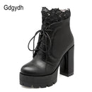 Gdgydh 2022 Herbst Frauen Schnürung Plateaustiefel High Heels Weibliche Schwarze Plateauschuhe Frühling Kurze Stiefel Damen Schuhe für Party