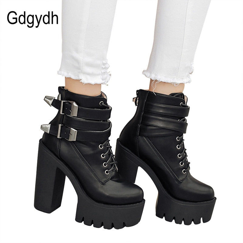 Gdgydh primavera otoño moda mujer botas tacones altos plataforma hebilla encaje hasta cuero botines cortos negro señoras zapatos promoción