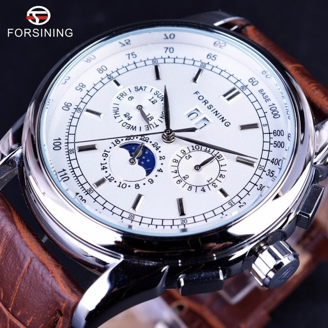 Forsining Moon Phase Shanghai Movement Rose Gold Case Brown Leather Strap Men Watch Top Brand Luxury Automatic Self Wind Watch