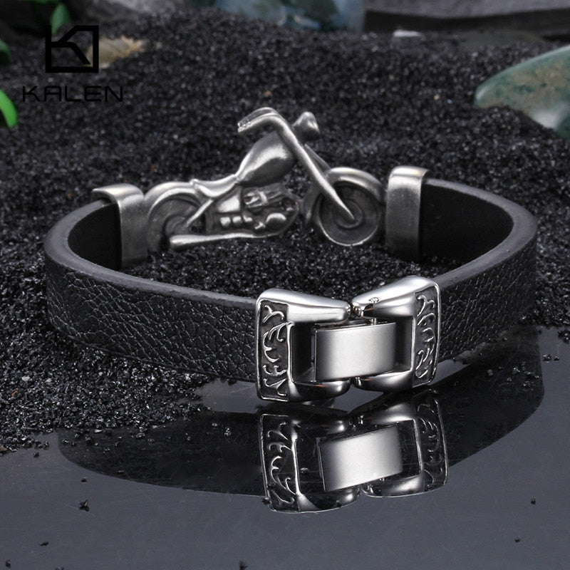 Kalen neue einzigartige männliche Schmuck Edelstahl Motorrad Charm Armband Rock Punk langlebige Lederarmbänder billig cooles Geschenk