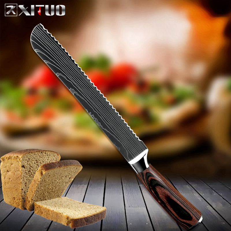 XITUO Kitchen Chef Knife Laser Damascus Pattern High Carbon Stainless Steel Non-stick Frozen Santoku Utility Cleaver Bread kni