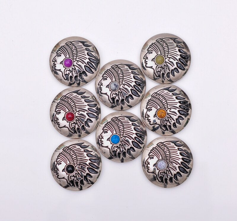 10PC 30MM SUROESTE INDIO CABEZA TURQUESA PLATA TORNILLO TRASERO PIEL ARTESANAL CINTURÓN CONCHOS