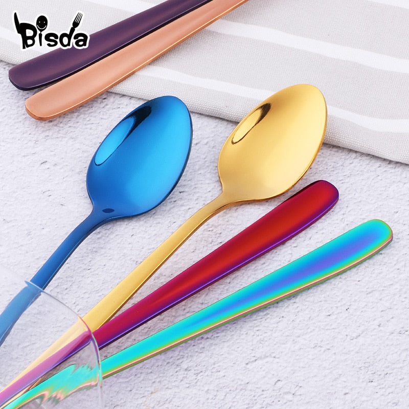 Stainless Steel Ice Spoon 8 Colors Dessert Scoop for Ice Cream Long Handle Honey Spoons Set Gold Yogurt Stirring Tools Mixing