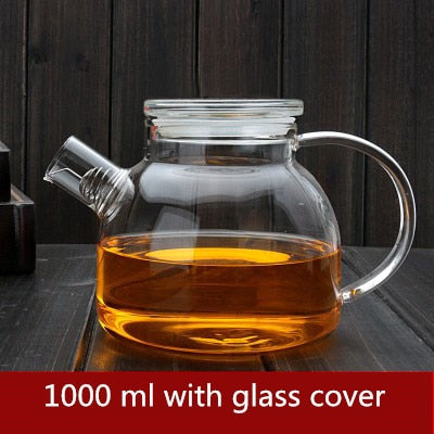 1000ml/1800ml Glass Kettle Water Jug Heat Resistant Flower Teapots with Bamboo Lid Stainless Steel Cover Clear Juice Container