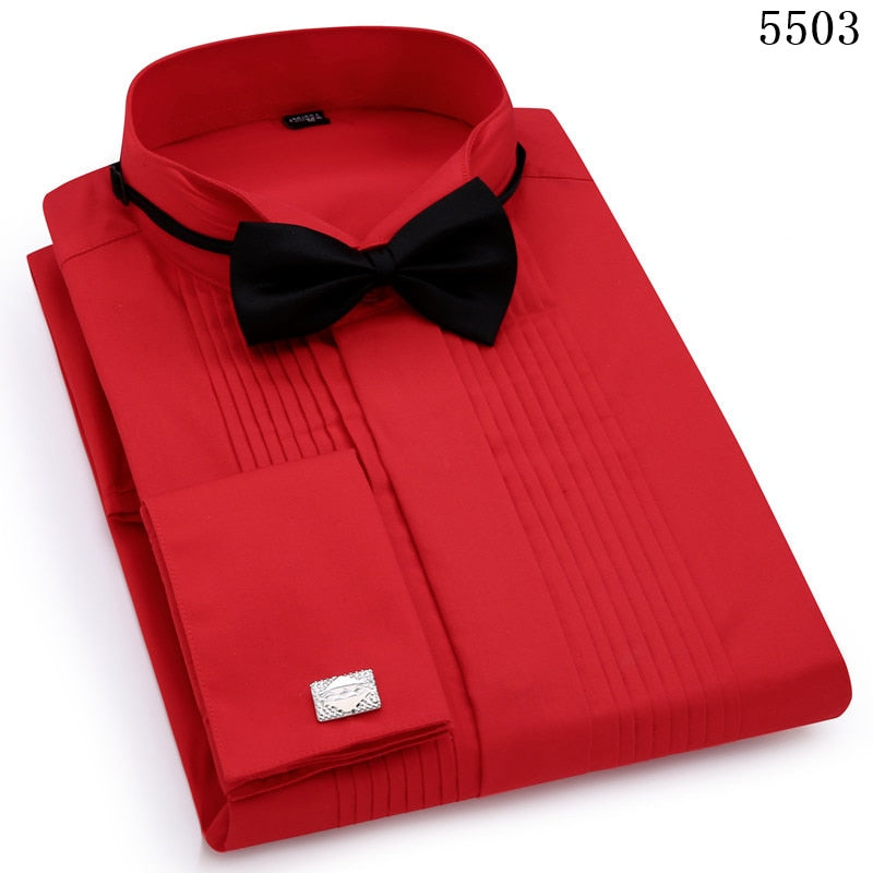 Men Wedding Tuxedo Long Sleeve Dress Shirts French Cufflinks Swallowtail Fold Dark Button Design Gentleman Shirt White Red Black