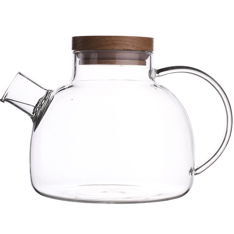 1L/1.8L Large Capacity Drinkware Glass Teapot Teaware Tea Pot Heat-Resistant Kettle Wooden Lid Home Office Coffee Bar Supplies