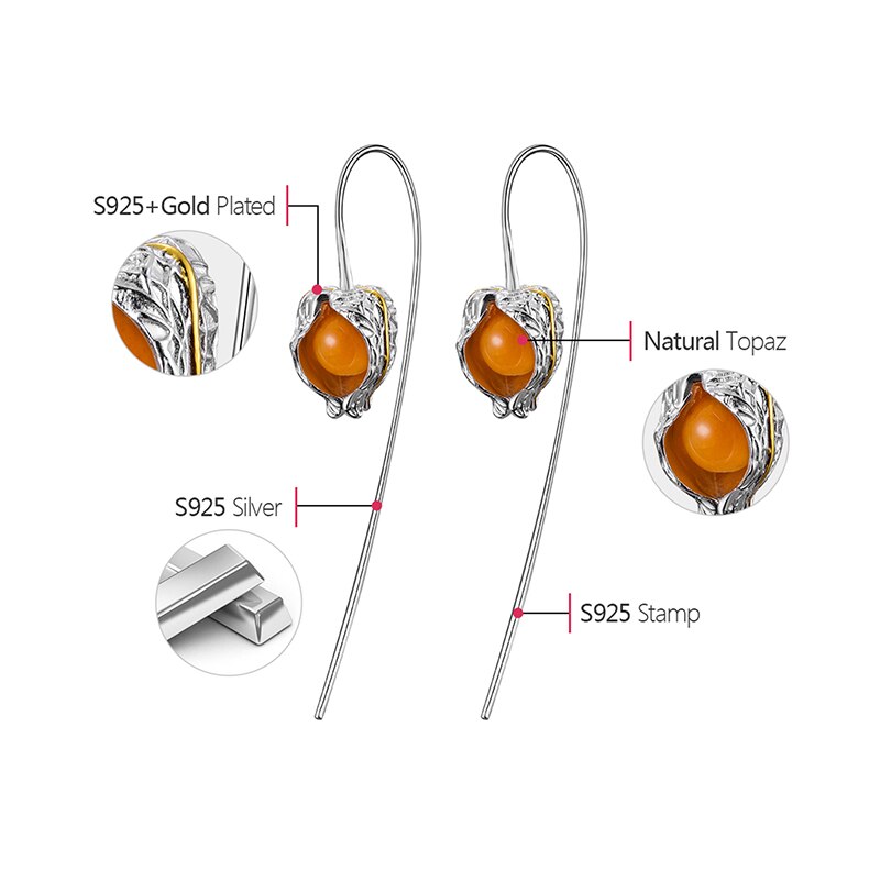 Lotus Fun Real 925 Sterling Silver Earrings Natural Stone Fine Jewelry Design Physalis Fruits Dangle Earrings for Women Brincos