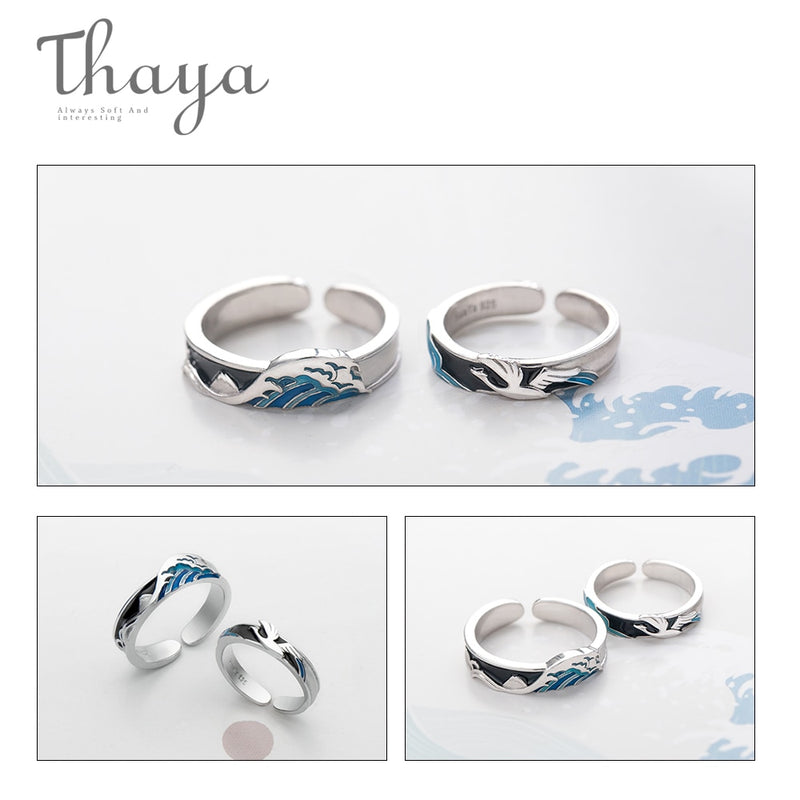 Thaya Flying Bird Wave Ring s925 Silver Blue Drop Oil 3D Wave Couple Rings for Women Elegant Irish Fine Jewelry Lovers&