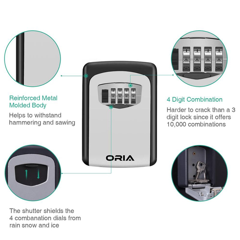 Caja de bloqueo de almacenamiento de llaves duradera con combinación de 4 dígitos ORIA, caja de bloqueo de llaves de seguridad montada en la pared, gran capacidad de almacenamiento