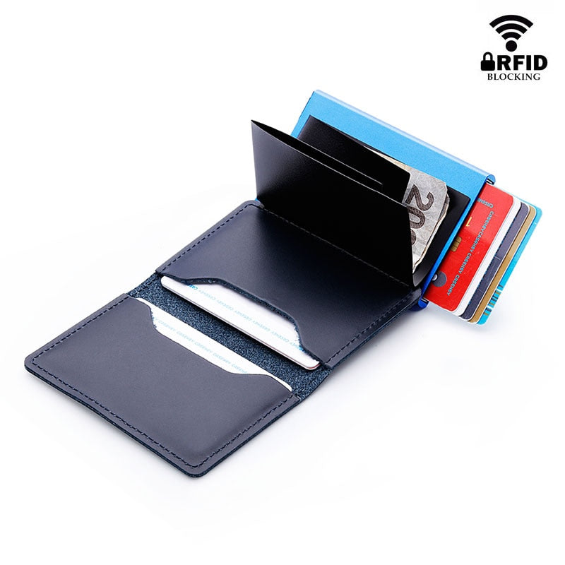 RFID Protected 100% Genuine Leather Card Holder Men Aluminum Metal Business Slim ID Credit Cardholder Mini Wallet（send 12）