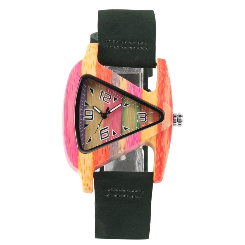 Unique Colorful Wood Watch Creative Triangle Shape Dial Hour Clock Women Quartz Leather Bracelet Watch Women&