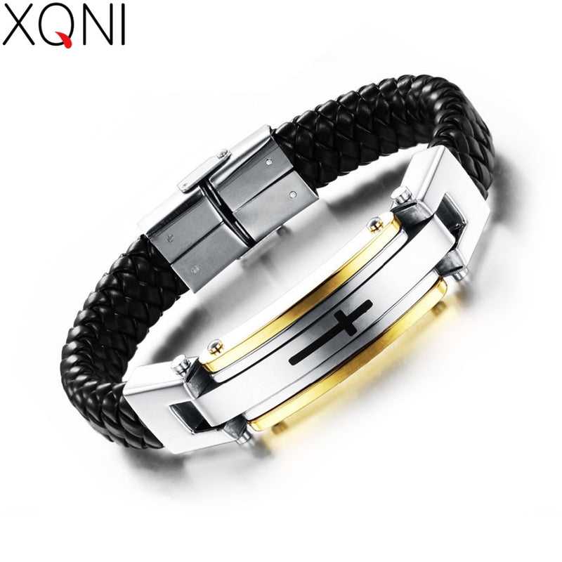 XQNI Vintage Leather Wrap Bracelet For Man Fashion Handmade Knitted Bangle Black Color Full Steel Cross Men Jewelry