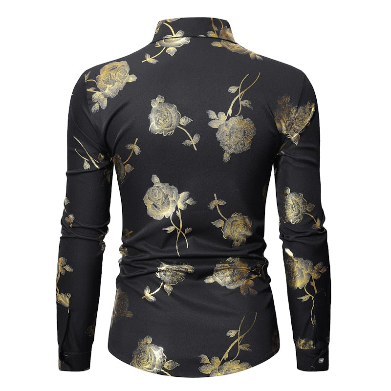 Herren Gold Rose Blumendruck Hemden Marke Floral Steampunk Chemise Weiß Langarm Hochzeit Party Bronzing Camisa Masculina