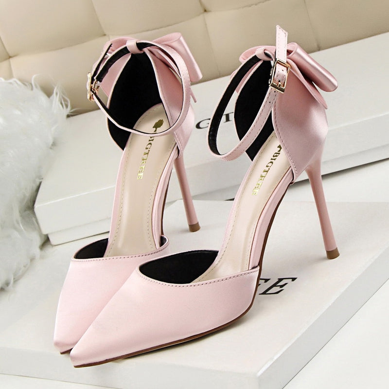 2019 Bow Damenschuhe Spitz Pumps Abendschuhe High Heels Bootsschuhe Hochzeitsschuhe Tenis Feminino Side mit Plus Größe 34-43