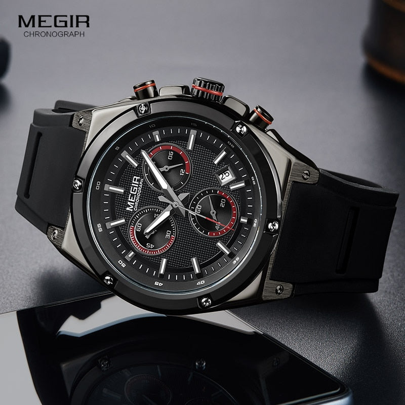 Megir Männer Schwarz Silikon Sport Quarz Armbanduhren Leuchtende Uhren Uhren Wasserdichte Chronograph Uhr Montres Q2073G-BK-1