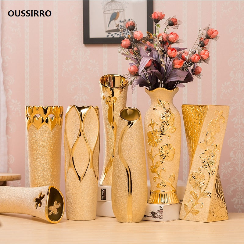 Luxury Europe Gold-Plated Ceramic Vase Home Decor Creative Design Porcelain Decorative Flower Vase For Wedding Decoration