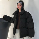 Korean Style 2021 Winterjacke Parkas Frauen Stehkragen Solide Schwarz Weiß Weiblicher Daunenmantel Lose Übergroße Damen Kurze Parka