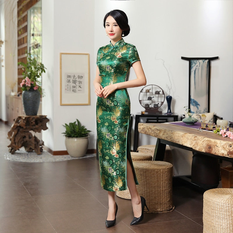 2021 nuevo Cheongsam de rayón verde de alta moda chino clásico Qipao de mujer elegante de manga corta novedad vestido largo S-3XL C0136-D