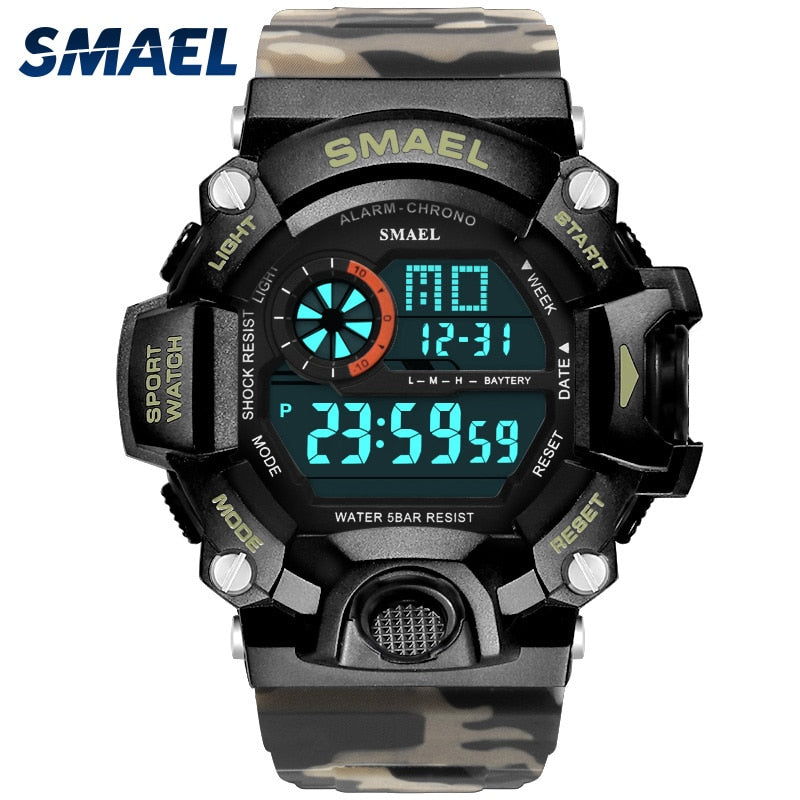 Reloj para hombre 50m resistente al agua SMAEL reloj de lujo para hombre relojes luminosos LED reloj de camuflaje banda 1385C relojes de pulsera digitales militares