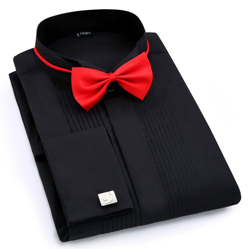 Esmoquin de boda para hombre, camisas de vestir de manga larga, gemelos franceses, pliegue de cola de golondrina, diseño de botones oscuros, camisa de caballero, blanco, rojo y negro