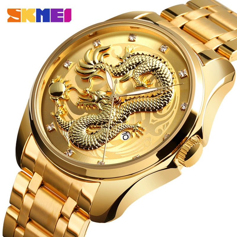 2020 SKMEI lujo dragón chino patrón hombres reloj de cuarzo dorado relojes masculinos relojes de pulsera impermeables Relogio Masculino 9193