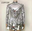 Shining Silver Mirrors Stone Dress Sängerin Tänzerin Heller Bodysuit Kostüm Einteiliges Nachtclubkleid Oufit Partykleider