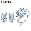 UMCHO 925 Sterling Silber Schmuck Sets für Frauen Edelstein Himmelblau Topas Ring Clip Ohrringe Weibliche Hochzeit Verlobungsschmuck
