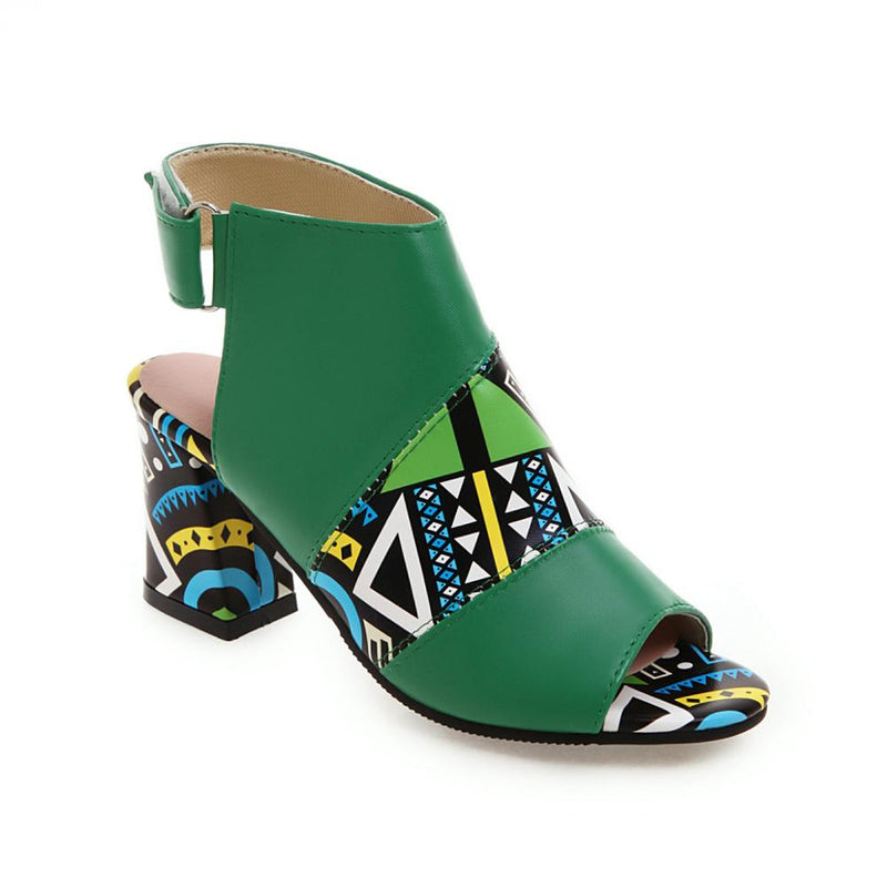 Women Stylish Print Sandals Boots Peep Toe Buckle Strap Summer High Heel Gladiator Shoes Woman Yellow Green sandalias mujer 2022