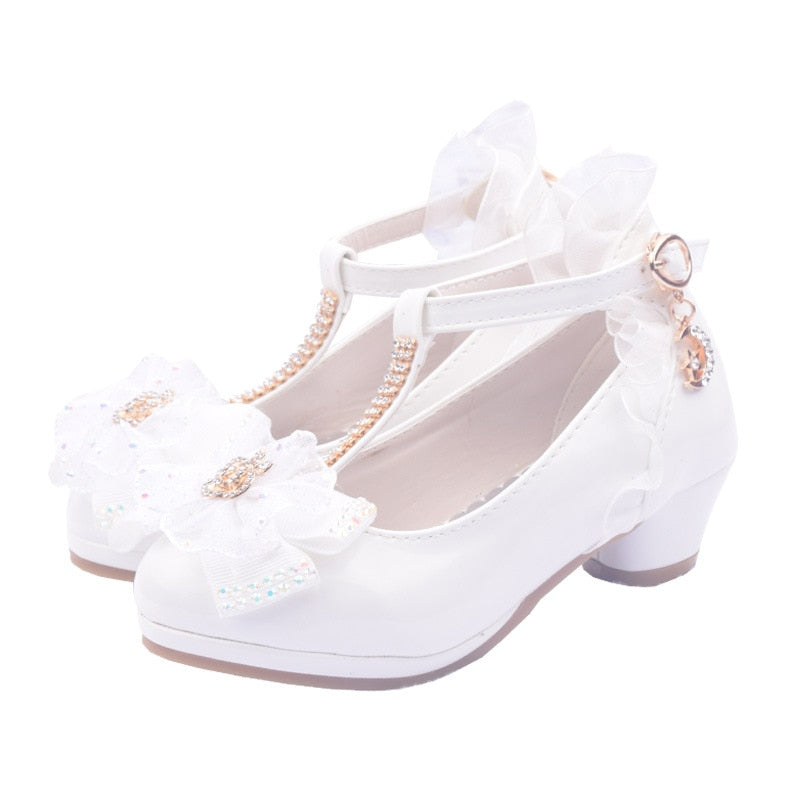 ULKNN niños fiesta zapatos de cuero niñas PU tacón bajo encaje flor niños zapatos para niñas zapatos individuales vestido de baile zapato blanco rosa