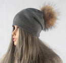 Herbst Winter Bommel Beanie Hut Frauen Wolle Gestrickte Skullies Beanies Lässige Weibliche Kaschmirmütze Echter Waschbärpelz Bommelmütze
