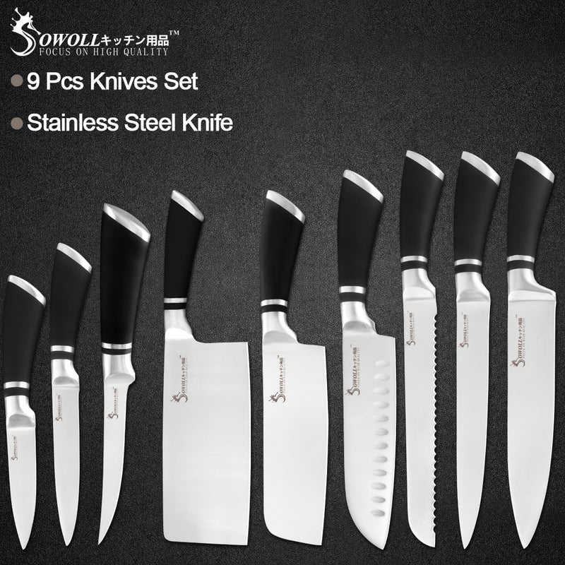 Sowoll 9pcs Stainless Steel Knives Set Non-slip Handle Chef Chopping Boning Cleaver Kitchen Knives Cooking Household Tools