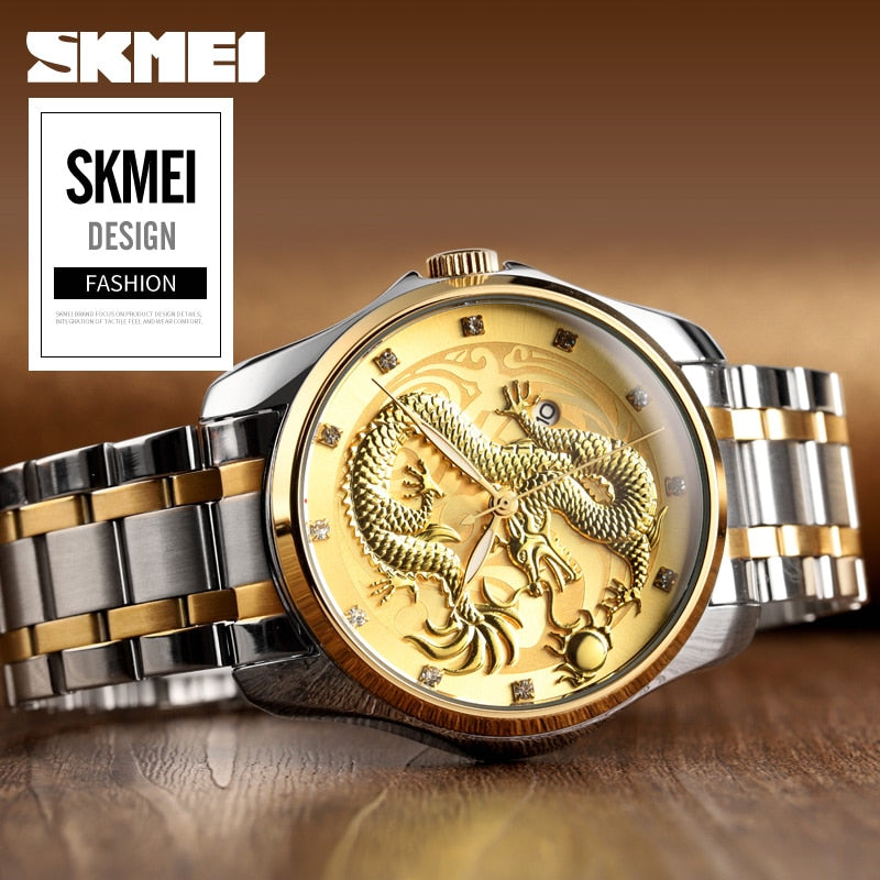 2020 SKMEI Luxury Chinese Dragon Pattern Men Golden Quartz Watch Male Watches Waterproof Wristwatches Relogio Masculino 9193