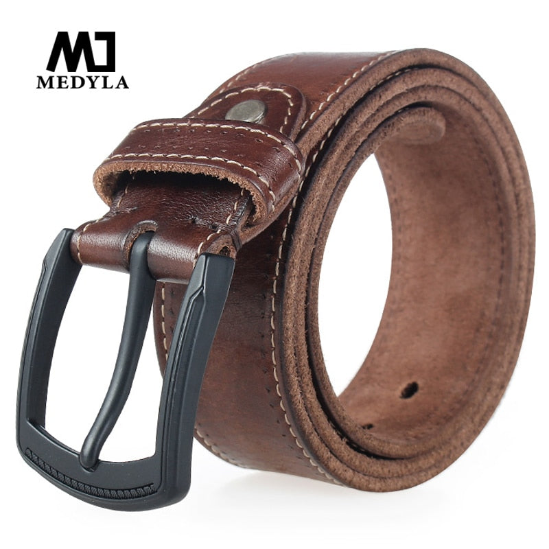 Cinturón para hombre de la marca MEDYLA, cinturones de cuero genuino natural de alta calidad para hombres, cinturón de cuero real con hebilla negra mate de metal duro