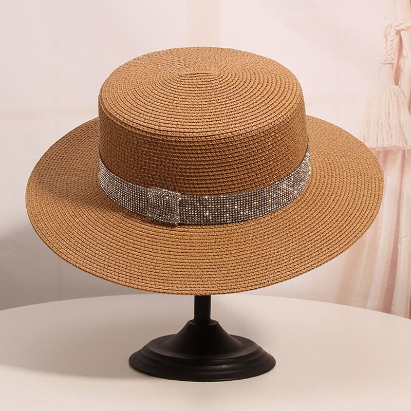 Spring Summer New Retro Gold Braided Flat Head Straw Hat Lady Wide Eaves Sunscreen Sun Hat Diamond Cap 2019 Hot