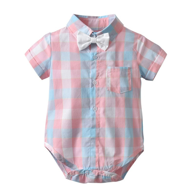 Summer Baby Boy Clothes Suits Gentleman Boy Short-Sleeve Plaid shirt +Overalls Shorts With Tie cotton Wedding Boys Clothes Set
